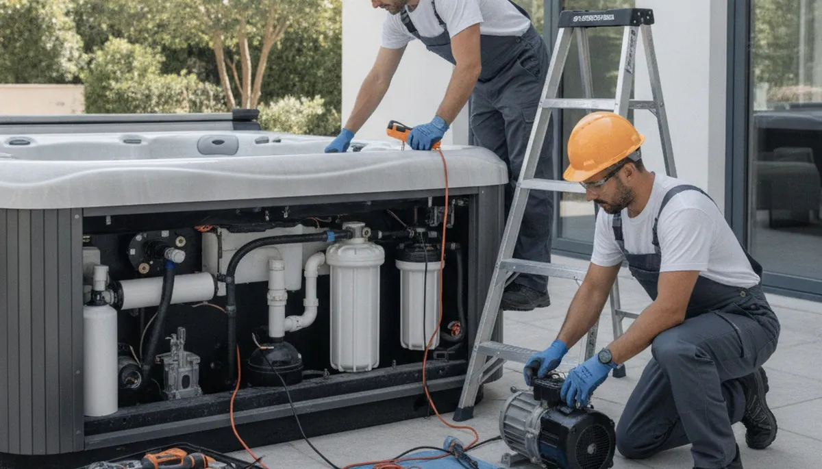Spa repair technician servicing spa plumbing in West Palm Beach, FL